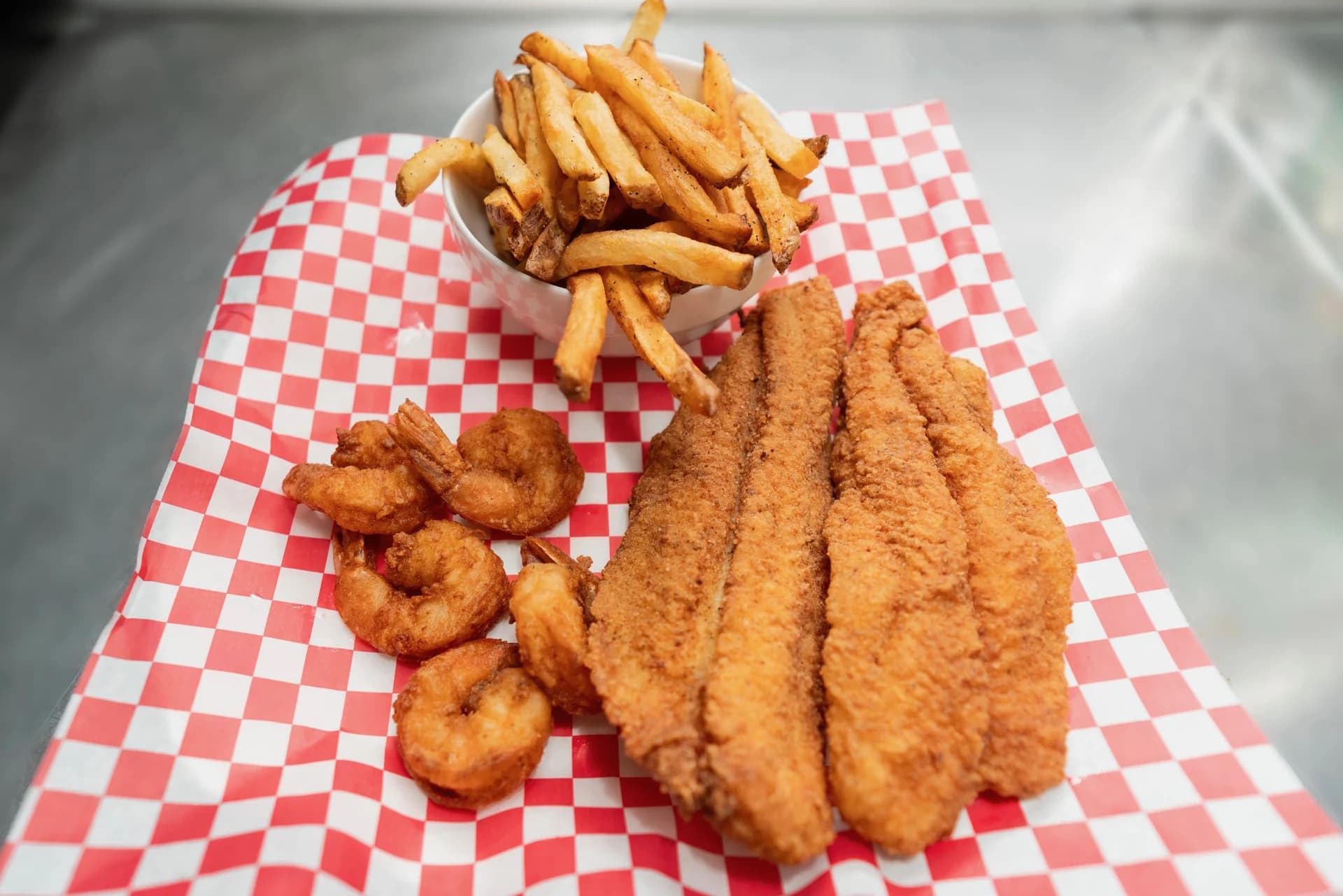 Fried fish and shrimp with fries