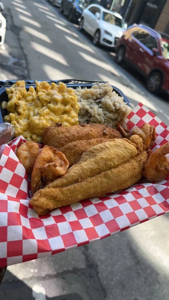 Catfish and shrimp entree with sides