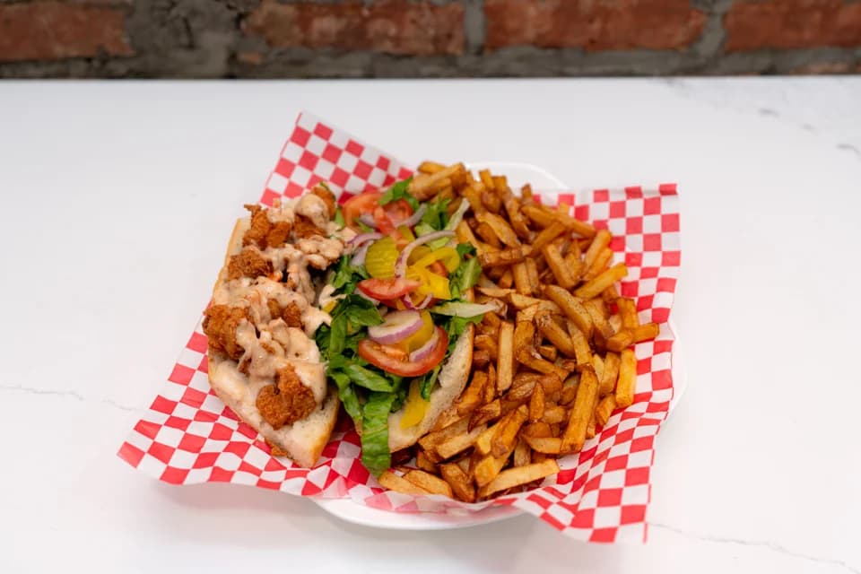 Shrimp po’boy with fries