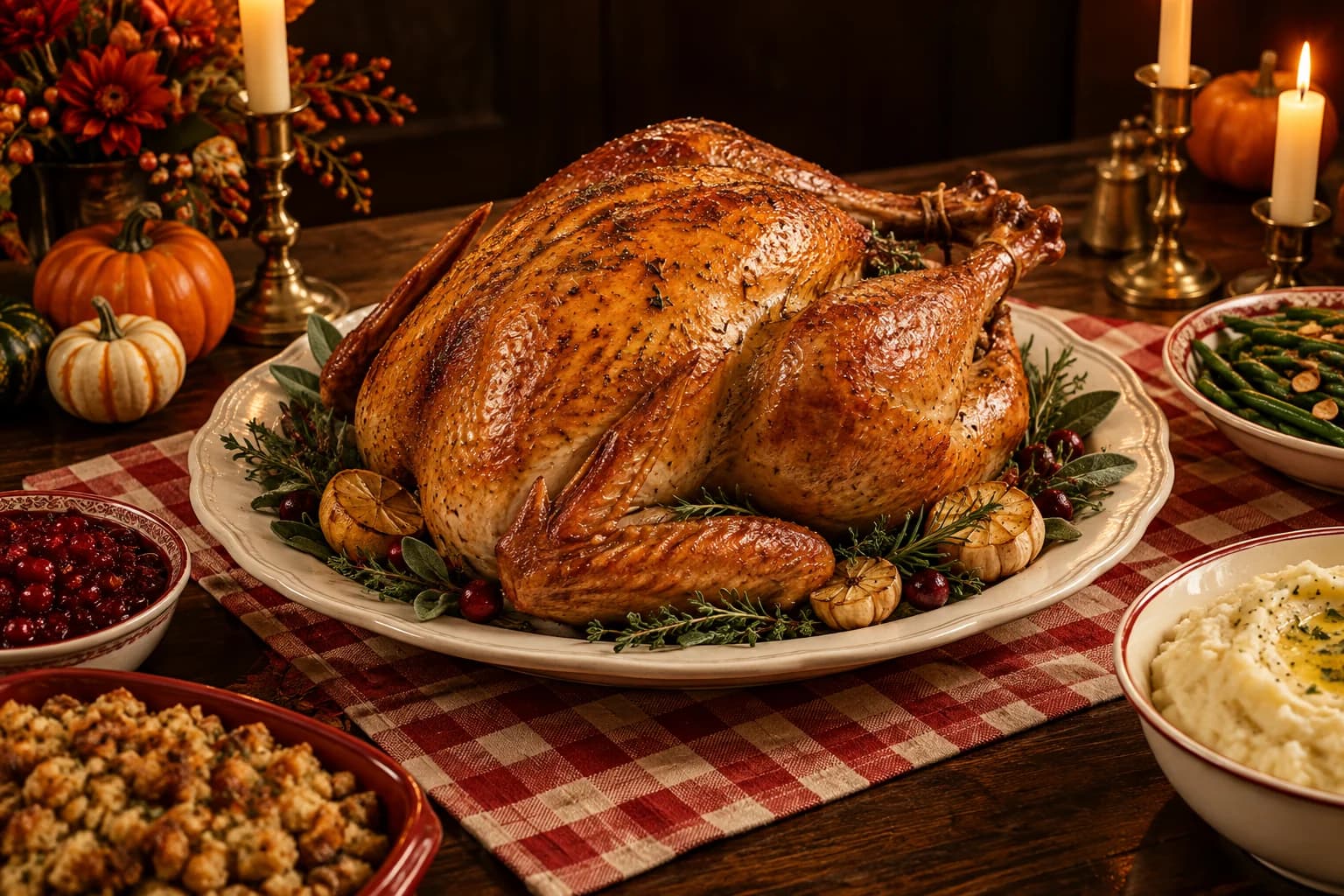 Illustrative Thanksgiving roast turkey centerpiece on a candlelit red gingham table