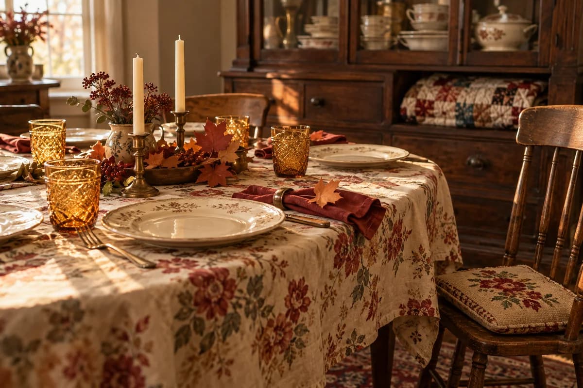 A nostalgic family dining nook with vintage floral linen, amber glasses and handmade paper leaves