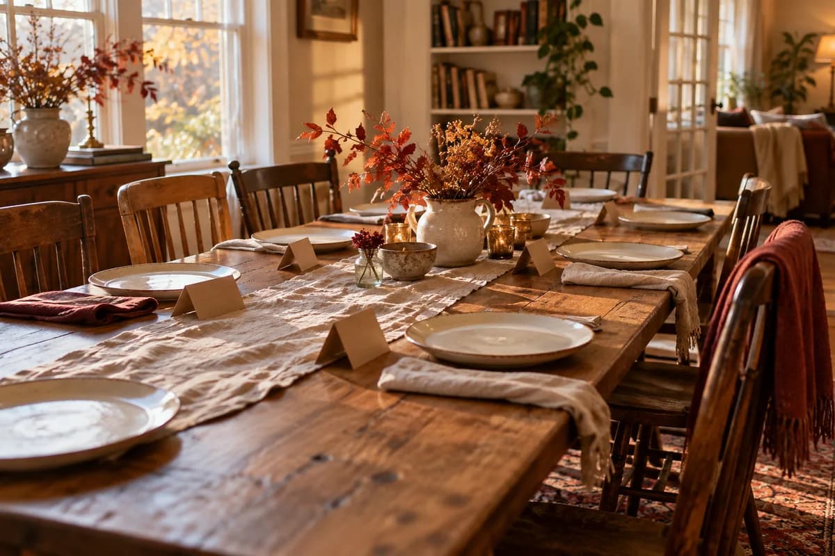 A sunlit lived-in dining room with a long table, mismatched chairs and handmade place cards