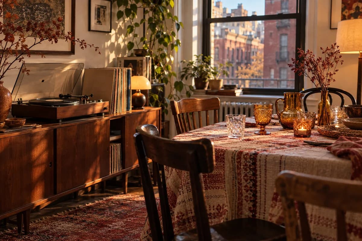 A cozy Brooklyn apartment gathering space with vinyl records, vintage glassware and woven textiles