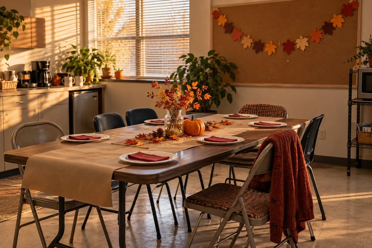 A modest office break room with handmade autumn garlands and a communal holiday table