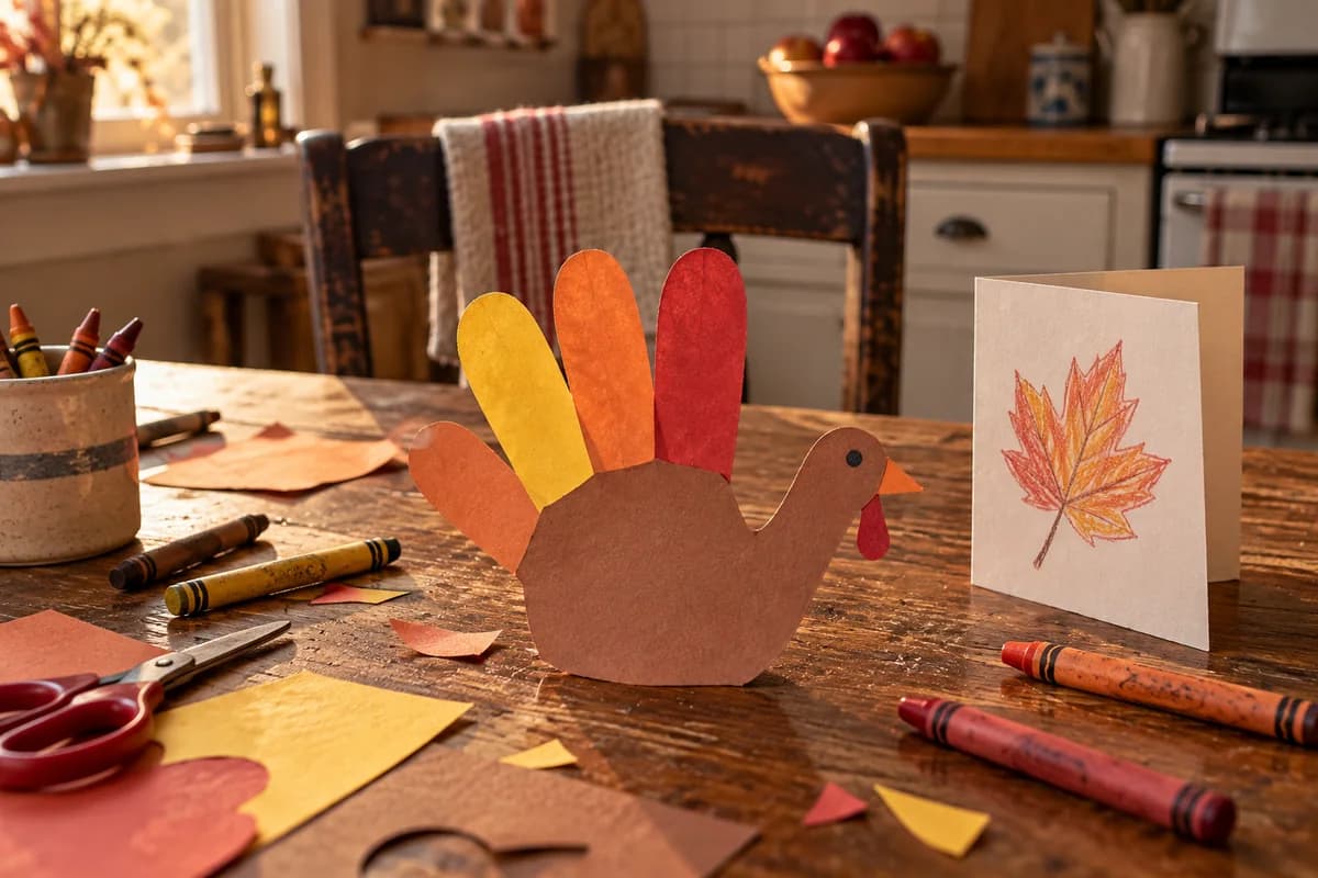 Handmade paper handprint turkey, crayons and a leaf-drawn holiday card on a worn kitchen table