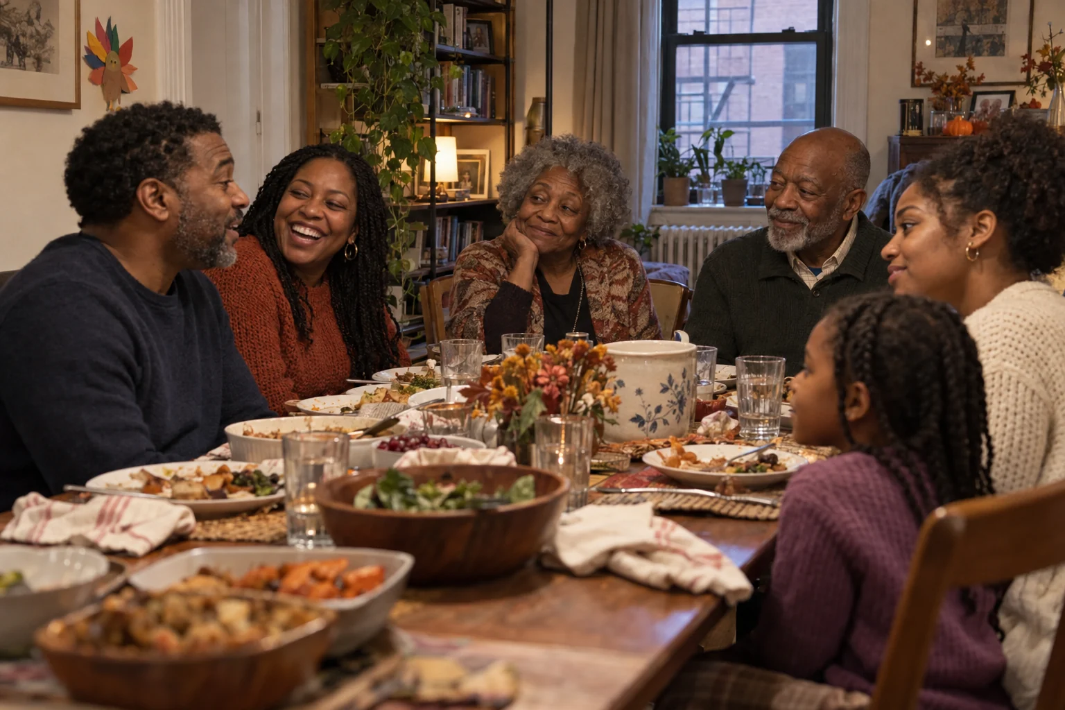 Illustrative scene of a multigenerational Black family talking and laughing around a Thanksgiving table in a lived-in Brooklyn home