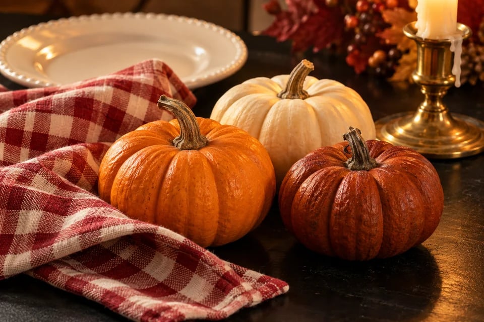 Autumn pumpkins beside red gingham linen and a glowing brass candleholder
